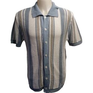 Massive Luxury Polo Men's M Blue Mesh Crochet Knit  Button Up Retro Style  Shirt